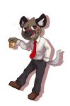  2018 alcohol anthro beer beverage blush clothed clothing fangs footwear haida hyena lower male mammal necktie pants sanrio shoes solo standing 