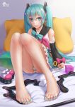  aqua_eyes aqua_hair bare_legs barefoot bow detached_sleeves feet fs hair_bow hatsune_miku knees_together_feet_apart legwear_removed magical_mirai_(vocaloid) panties pantyshot pillow shoes_removed smile toenail_polish toes twintails underwear vocaloid 