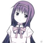  akemi_homura blush bow commentary_request eyebrows_visible_through_hair head_tilt headband long_hair looking_at_viewer mahou_shoujo_madoka_magica monochrome one_(artist) purple raised_eyebrows red_bow signature simple_background solo upper_body very_long_hair white_background 