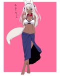  animal_ear_fluff animal_ears bangs bare_arms bare_shoulders barefoot bikini_top blue_eyes blue_ribbon breasts cleavage closed_mouth collarbone crossed_legs dark_skin eyebrows_visible_through_hair fox_ears fox_girl fox_tail green_eyes groin hair_between_eyes hair_ribbon hand_up head_tilt heterochromia highres kiyomin large_breasts long_hair looking_at_viewer navel original pink_background red_collar ribbon sarong silver_hair smile solo standing tail translation_request two-tone_background two_side_up very_long_hair watson_cross white_background white_bikini_top 