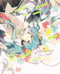 arm_up bare_shoulders black_skirt blue_eyes blue_hair blue_neckwear character_name closed_mouth collared_shirt commentary_request detached_sleeves flower from_above grey_shirt hair_flower hair_ornament hairclip half-closed_eyes happy_birthday hatsune_miku head_tilt headphones heart heart_of_string highres jigsaw_puzzle long_hair long_sleeves lying multicolored multicolored_nails nail_polish necktie omutatsu on_back pleated_skirt puzzle red_flower red_rose rose rose_hair_ornament sheet_music shirt skirt smile solo twintails upper_body very_long_hair vocaloid x_hair_ornament yellow_flower yellow_rose 