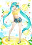  aqua_eyes aqua_hair arm_up collarbone food fruit full_body hair_between_eyes hatsune_miku lemon long_hair midriff miniskirt navel one_eye_closed open_mouth pigeon-toed sandals skirt solo tokki twintails very_long_hair vocaloid white_background 