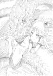  animal barefoot blush closed_mouth commentary_request graphite_(medium) greyscale hand_up hat highres long_sleeves mishaguji monochrome moriya_suwako oversized_animal pink_x scan sidelocks smile snake solo touhou traditional_media wide_sleeves 