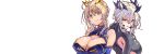  ahoge aqua_eyes artoria_pendragon_(all) artoria_pendragon_(lancer) artoria_pendragon_(lancer_alter) bare_shoulders blonde_hair braid breasts cleavage closed_mouth colored_eyelashes covered_nipples dual_persona fate/grand_order fate_(series) french_braid hair_bun kobo_(cobo_0609) large_breasts long_hair looking_at_viewer multiple_girls open_mouth pale_skin simple_background smile turtleneck upper_body white_background white_hair yellow_eyes 