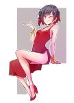  1girl bare_shoulders black_hair bracelet breasts cleavage dress earrings full_body gradient_hair high_heels highres iesupa jewelry medium_breasts multicolored_hair red_dress red_hair ruby_rose rwby shoes short_hair side_slit silver_eyes sitting solo two-tone_hair wink 