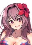  :d bangs bikini blush breasts cleavage collarbone eyebrows_visible_through_hair fate/grand_order fate_(series) flower hair_between_eyes hair_flower hair_intakes hair_ornament kobo_(cobo_0609) open_mouth purple_hair red_eyes red_flower scathach_(fate)_(all) scathach_(swimsuit_assassin)_(fate) simple_background smile solo sweat swimsuit upper_body white_background 