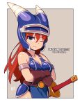  armlet armor bangs bare_shoulders black_eyes blue_armor blue_helmet breasts brown_gloves cleavage collarbone copyright_name crossed_arms daisy_(dq) dragon_quest dragon_quest_yuusha_abel_densetsu eyebrows_visible_through_hair eyes_visible_through_hair gloves hair_between_eyes helmet horned_helmet horns long_hair mawaru_(mawaru) medium_breasts one_eye_closed red_hair smile solo straight_hair sword v-shaped_eyebrows weapon 