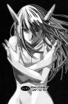  1girl breasts cleavage diclonius elfen_lied horns long_hair looking_at_viewer lucy monochrome monster_girl nude official_art okamoto_lynn 