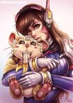  banana bodysuit breasts brown_eyes brown_hair d.va_(overwatch) facepaint food fruit gloves hammond_(overwatch) hamster headphones heart heart-shaped_pupils kachima medium_breasts one_eye_closed overwatch purple_bodysuit ribbed_bodysuit smile symbol-shaped_pupils watermark web_address whisker_markings whiskers white_gloves 