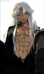  abs akasakak amakusa_shirou_(fate) bishounen chest commentary cross cross_necklace dark_skin dark_skinned_male fate/apocrypha fate_(series) hair_down highres jewelry long_hair looking_back male_focus necklace nipples shirtless simple_background toned toned_male too_bad!_it_was_just_me! twitter_username white_hair 