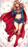  blonde_hair blue_skirt breasts cape covered_nipples crop_top crystal dakimakura dc_comics full_body kachima kryptonite long_hair lying medium_breasts midriff miniskirt navel on_back red_footwear skirt sleeves_past_wrists solo supergirl superhero superman_(series) watermark web_address 