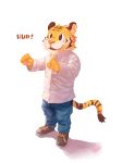  2018 5_fingers anthro clothing fangs feline footwear fur lower male mammal pants pink_nose shoes simple_background solo striped_fur striped_tail stripes tiger white_background 