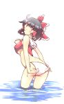  adapted_costume adjusting_clothes adjusting_swimsuit ascot ass bare_shoulders bikini black_hair blush bow breasts covered_nipples cowboy_shot hair_bow hair_tubes hakurei_reimu highres looking_at_viewer looking_back medium_breasts non_(z-art) red_eyes short_hair side-tie_bikini simple_background solo swimsuit touhou underboob wading water white_background white_bikini 