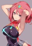  armpits arms_behind_back arms_up bangs bare_arms blue_eyes breasts closed_mouth covered_collarbone hair_between_eyes hands_in_hair highres homura_(xenoblade_2) kobo_(cobo_0609) large_breasts looking_at_viewer multicolored multicolored_eyes one-piece_swimsuit pink_hair purple_background purple_eyes short_hair smile solo swimsuit taut_clothes tiara turtleneck twitter_username xenoblade_(series) xenoblade_2 