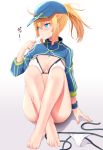  ahoge artoria_pendragon_(all) ass bare_legs barefoot baseball_cap bikini bikini_bottom_removed blonde_hair blue_eyes blue_hat blush bottomless breasts cleavage colored_eyelashes commentary_request eyebrows_visible_through_hair eyes_visible_through_hair fate/grand_order fate_(series) feet food hair_between_eyes hair_through_headwear hat highres large_breasts long_hair long_sleeves looking_to_the_side mysterious_heroine_xx_(foreigner) navel ponytail popsicle shiny shiny_skin shrug_(clothing) side-tie_bikini simple_background sitting solo sweat swimsuit takeyuu thighhighs toes translated turtleneck white_bikini 