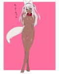  animal_ear_fluff animal_ears bangs barefoot blue_eyes blue_ribbon breasts breasts_apart closed_mouth crossed_legs dark_skin eyebrows_visible_through_hair fox_ears fox_girl fox_tail green_eyes groin hair_between_eyes hair_ribbon hand_up head_tilt heterochromia highres kiyomin large_breasts long_hair looking_at_viewer no_nipples no_pussy nude original pink_background red_collar ribbon silver_hair smile solo standing tail translation_request two-tone_background two_side_up very_long_hair watson_cross white_background 