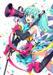  aqua_eyes aqua_hair arm_warmers artist_name bangs bare_shoulders blush commentary_request confetti dress eyebrows_visible_through_hair fingernails hair_ornament hatsune_miku headphones leg_up long_hair looking_at_viewer magical_mirai_(vocaloid) megaphone nardack open_mouth pleated_skirt ribbon shiny shiny_hair short_dress simple_background skirt sleeveless smile solo sparkle tattoo thighhighs twintails vocaloid white_background zettai_ryouiki 