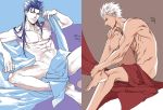  archer blue_hair chest closed_mouth come_hither covering covering_crotch cu_chulainn_(fate/grand_order) dark_skin dark_skinned_male earrings fate/grand_order fate_(series) jewelry lancer long_hair looking_at_viewer male_focus multiple_boys naked_sheet navel nipples red_eyes smile smirk white_hair yococco 