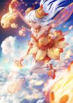  absurdres bare_shoulders cloud dress fairy fairy_wings fire flying highres long_hair original pointy_ears red_eyes solo staff thighhighs white_hair wings youguang_liangliang 