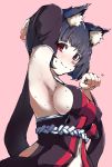  animal_ear_fluff animal_ears arm_up armpits azur_lane bangs black_hair black_kimono blush breasts cat_ears closed_mouth covered_nipples detached_sleeves highres japanese_clothes kimono kobo_(cobo_0609) looking_at_viewer medium_breasts motion_lines navel nose_blush pale_skin paw_pose pink_background red_eyes smile solo sweat upper_body yamashiro_(azur_lane) 