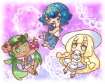  3girls alolan_form alolan_vulpix arm_up bare_shoulders blonde_hair blue_eyes blue_hair blue_pants blue_sailor_collar blue_swimsuit blush bounsweet braid chibi creatures_(company) dark_skin dress eyebrows_visible_through_hair female flower full_body game_freak gen_7_pokemon green_eyes green_hair green_hairband hair_flower hair_ornament hairband happy hat holding holding_pokemon hug lillie_(pokemon) long_hair looking_at_viewer mao_(pokemon) matching_hair/eyes muguet multiple_girls nintendo one-piece_swimsuit open_mouth outstretched_arm overalls pants pink_flower pink_shirt pokemon pokemon_(creature) pokemon_(game) pokemon_sm popplio purple_background sailor_collar shirt sleeveless sleeveless_dress sleeveless_shirt smile socks standing star suiren_(pokemon) sun_hat swimsuit swimsuit_under_clothes tied_hair twin_braids twintails very_long_hair white_dress white_hat white_shirt yellow_eyes yellow_hairband 