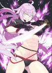  ahoge bangs bikini black_bikini black_choker black_gloves black_jacket breasts choker cleavage commentary_request cropped_jacket eyebrows_visible_through_hair fate/grand_order fate_(series) gloves hair_between_eyes highres holding holding_sword holding_weapon jacket jeanne_d'arc_(alter_swimsuit_berserker) jeanne_d'arc_(fate)_(all) katana large_breasts long_hair navel o-ring o-ring_bikini o-ring_bottom o-ring_top open_mouth shrug_(clothing) silver_hair smile solo swimsuit sword two-cat-walk weapon yellow_eyes 