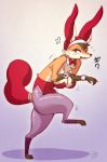  big_breasts bow_tie breasts bunny_costume canine cleavage clothed clothing costume digitigrade eyelashes fake_ears female fox legwear looking_at_viewer mammal markings melonleaf pantyhose semi-anthro simple_background socks_(marking) solo sweat walking 