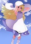  armpits arms_up bangs bare_arms blonde_hair blue_sky braid cloud day dress floating_hair green_eyes hat highres kobo_(cobo_0609) lillie_(pokemon) long_hair looking_at_viewer open_mouth outdoors pokemon pokemon_(game) pokemon_sm see-through sky sleeveless sleeveless_dress solo straight_hair sun_hat twin_braids white_dress white_hat 