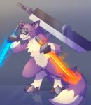  ambiguous_gender anthro digimon dipstick_tail dorumon fan_character greatsword katana ladynoface96 melee_weapon multicolored_tail simple_background solo sword teeth weapon yama_the_dorumon 