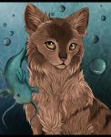  2013 ambiguous_gender black_bars brown_eyes brown_fur cat digital_media_(artwork) duo feline feral fish fur green_eyes mammal maplespyder marine no_sclera 