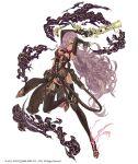  bandolier belt blue_eyes breasts cinderella_(sinoalice) cross-laced_clothes dark_skin full_body gun hair_over_one_eye holster ji_no large_breasts long_hair looking_at_viewer navel official_art purple_hair ribbon serious shiny shiny_skin sinoalice smoke solo weapon white_background 