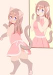  2018 anthro blue_eyes butt_pose cat clothed clothing comic feline female hair human_to_anthro long_hair mammal open_mouth pawpads roina semi-anthro simple_background solo standing surprise transformation young 