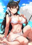  animal_ears arm_support artist_name atago_(azur_lane) azur_lane bangs beach beach_umbrella bikini black_hair blush breasts brown_eyes collarbone commentary_request day flower grin hair_flower hair_ornament highres knee_up large_breasts long_hair looking_at_viewer mole mole_under_eye nail_polish navel outdoors parted_lips partially_submerged red_nails sakiyamama signature sitting skindentation smile solo strap_pull swept_bangs swimsuit umbrella white_bikini white_umbrella 