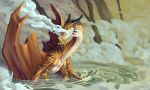  dinosaur dragon drakkor hi_res horomi_darknait horomidarknait male mixed_breed raptor smoke smoking stripes theropod wings 