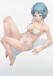  absurdres arm_support bad_id bad_pixiv_id bangs bare_arms bare_legs barefoot bikini blue_hair blush breasts cleavage closed_mouth commentary english_commentary eyebrows_visible_through_hair front-tie_bikini front-tie_top full_body grey_background grey_eyes highres leaning_back lying medium_breasts navel on_back original reclining shadow short_hair short_sleeves simple_background smile solo swimsuit wet white_bikini xianluo_zonghe_zheng 