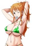  1girl bare_arms bare_shoulders bikini breasts brown_eyes cleavage condom curvy dashigara_100 earrings huge_breasts jewelry large_breasts long_hair nami_(one_piece) navel necklace one_eye_closed one_piece orange_hair simple_background solo stomach swimsuit tattoo white_background wink 