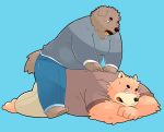  2017 anthro arufina_w blue_background brown_fur canine clothing dog duo fur humanoid_hands male mammal one_eye_closed open_mouth overweight overweight_male pants shirt simple_background sitting wink 