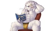  2016 5_fingers anthro blush book bulge chair clothed clothing fangs feline fur league_of_legends lion lower male mammal muscular muscular_male rengar_(lol) riot_games simple_background sitting solo topless underwear video_games white_background white_fur 