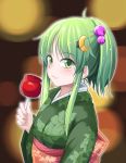  ahoge alternate_hairstyle bangs blurry blurry_background blush bokeh candy_apple commentary_request crescent crescent_hair_ornament depth_of_field eyebrows_visible_through_hair floral_print food from_side green_eyes green_hair green_kimono hair_ornament hair_up holding ichimi japanese_clothes kantai_collection kimono long_hair looking_at_viewer looking_to_the_side nagatsuki_(kantai_collection) obi print_kimono sash sidelocks smile solo updo upper_body wide_sleeves yukata 