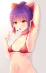  arm_up armpits bangs bikini blush bow breasts brown_background choker collarbone covered_nipples endsmall_min eyebrows_visible_through_hair fingernails gegege_no_kitarou gradient gradient_background grey_background hair_between_eyes hair_bow halter_top halterneck hand_up high_ponytail highres medium_breasts navel nekomusume nekomusume_(gegege_no_kitarou_6) parted_lips ponytail purple_hair red_bikini red_bow red_choker revision sharp_fingernails short_hair sidelocks solo swimsuit very_long_fingernails yellow_eyes 