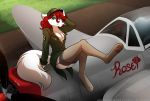  &lt;3 2018 aircraft airplane anthro breasts canine chest_tuft cleavage clothed clothing digitigrade female fur garter_straps green_eyes hair hat hi_res keidran legwear looking_at_viewer mammal one_leg_up pawpads pose red_hair roselyn_(twokinds) sitting skimpy skirt smile solo stockings thigh_highs tom_fischbach tuft twokinds uniform webcomic white_fur wolf 