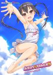  1girl armpits arms_up ass barefoot black_hair blush cloud cover cover_page doujin_cover dress feet jumping k-on! long_hair looking_at_viewer men&#039;youjan nakano_azusa no_bra open_mouth outstretched_arms petite reaching_out shiny shiny_skin sky sundress toenails twintails 
