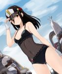  ardainian_soldier black_hair breasts collarbone fingerless_gloves gloves hat highres long_hair madanai_(morisumeshi) meleph_(xenoblade) military military_hat military_uniform navel one-piece_swimsuit short_hair simple_background smile sweat swimsuit uniform visor_cap xenoblade_(series) xenoblade_2 