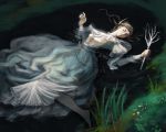  braid branch brown_hair closed_eyes dark_souls dress dusk_of_oolacille grass holding_branch long_hair nukotama ophelia_(painting) outdoors partially_submerged souls_(from_software) water white_dress 