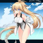  bangs bare_shoulders black-framed_eyewear blonde_hair blue_eyes blue_sky breasts closed_mouth cloud cloudy_sky commentary_request competition_swimsuit day eyebrows_visible_through_hair fate/grand_order fate_(series) glasses groin hair_between_eyes hebitsukai-san highres horizon jacket jeanne_d'arc_(fate)_(all) jeanne_d'arc_(swimsuit_archer) large_breasts long_hair ocean off_shoulder one-piece_swimsuit outdoors revision sky smile solo swimsuit twitter_username very_long_hair water whistle white_jacket white_swimsuit 