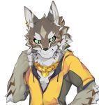  2018 anthro blush canine clothed clothing fur green_eyes hi_res jimyangsheep male mammal seth_(tas) simple_background solo teeth tokyo_afterschool_summoners white_background 