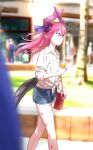  blue_eyes blurry blurry_background blurry_foreground commentary_request contemporary cutoffs day denim denim_shorts depth_of_field dragon_horns dragon_tail drinking_straw elizabeth_bathory_(fate) elizabeth_bathory_(fate)_(all) fate/grand_order fate_(series) handbag holding horns juice karna_(fate) kinosuke_(sositeimanoga) looking_afar outdoors pink_hair pointy_ears short_shorts shorts shoulder_bag solo_focus starbucks tail tree walking 