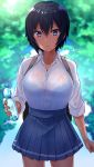 :o arm_at_side bangs black_hair blue_eyes blue_skirt blurry blush bottle bralines breasts cleavage collarbone collared_shirt commentary_request dark_skin depth_of_field eyebrows_visible_through_hair gomashi_(goma) hair_between_eyes holding holding_bottle large_breasts long_sleeves looking_at_viewer miniskirt mole mole_on_neck original parted_lips pleated_skirt see-through shirt short_hair skirt sleeves_rolled_up solo standing sweat tree v-shaped_eyebrows water wet wet_clothes wet_shirt white_shirt 