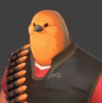  anthro avian beak bird clothing feathers grey_background heavy_(team_fortress_2) lintufriikki male orange_feathers signature simple_background solo team_fortress_2 valve video_games 