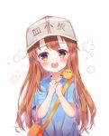  :d bag bangs blue_shirt blush brown_eyes brown_hair character_name clothes_writing commentary_request eyebrows_visible_through_hair fingernails flat_cap foreign_blue grey_hat hands_up hat hataraku_saibou highres long_hair looking_at_viewer open_mouth own_hands_together platelet_(hataraku_saibou) round_teeth shirt short_sleeves shoulder_bag simple_background smile solo teeth upper_body upper_teeth very_long_hair white_background 